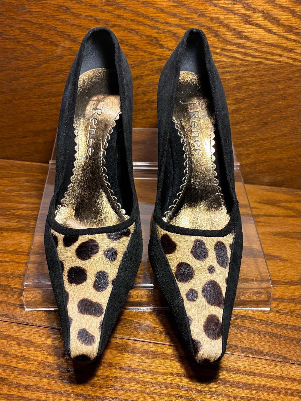 J. Renee Calf Hair Leopard Print Black Suede Pointed Toe Heels Size 7.5